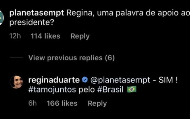 Regina Duarte responde seguidor