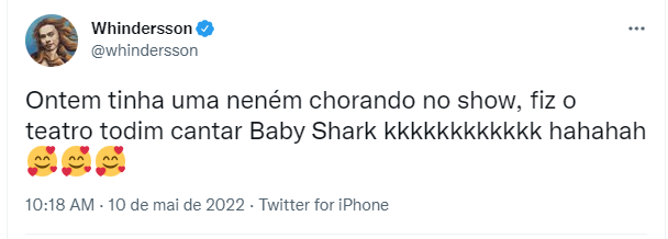 Criança chora em Show de Whindersson Nunes e humorista faz plateia cantar Baby Shark