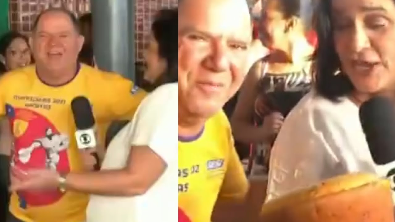 Repórter da Globo ganha bolo de aniversário e faixa de parabéns durante reportagem ao vivo