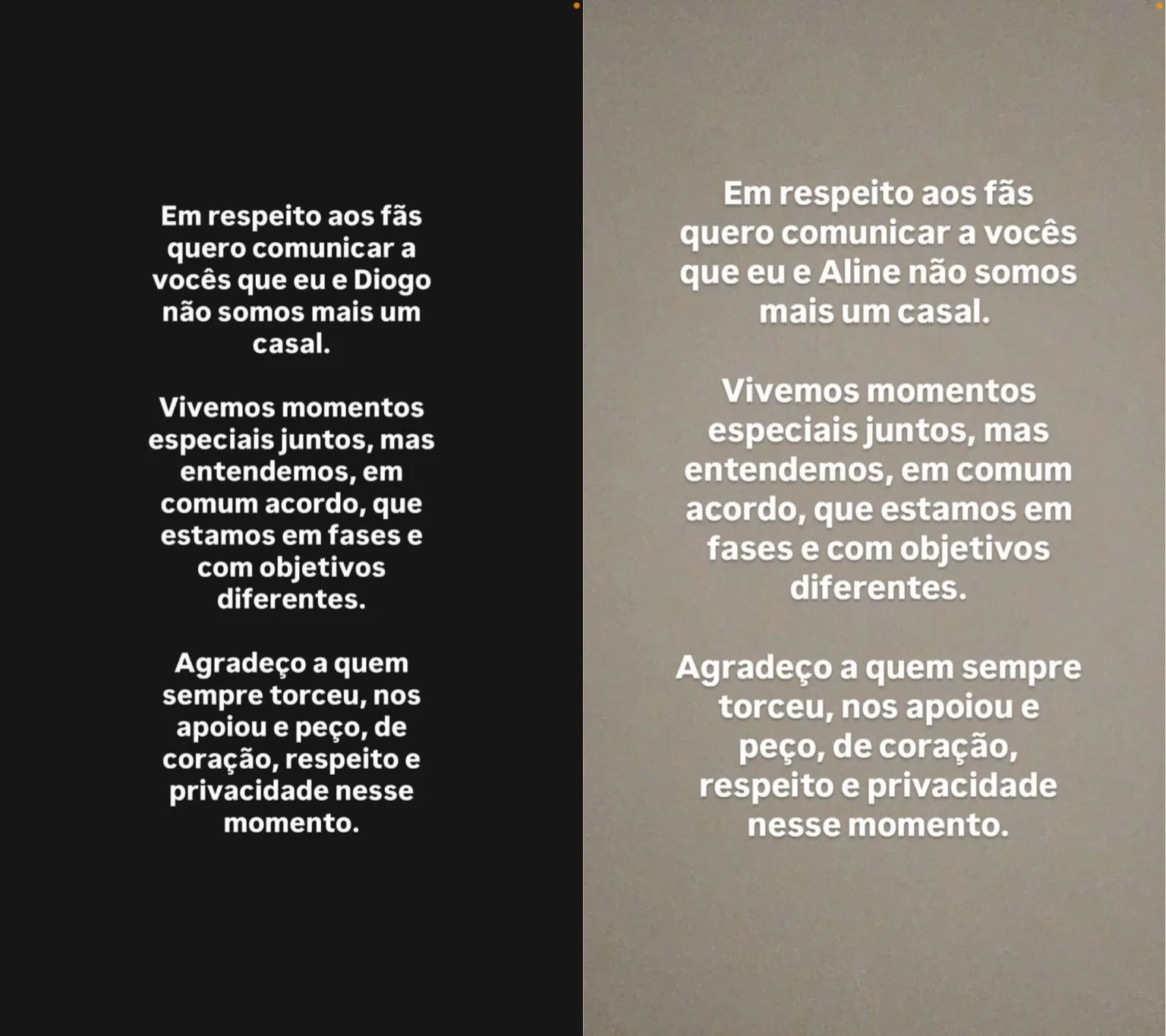 Aline Patriarca e Diogo Almeida anunciam o fim do namoro em comunicado sincero e pedem respeito: “Estamos em fases diferentes”.